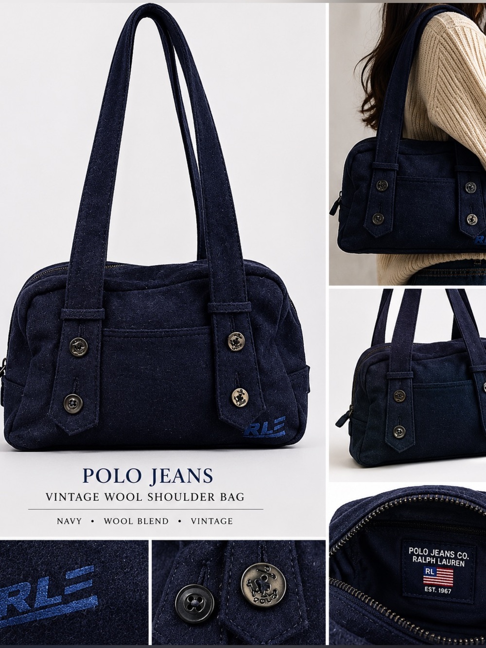 VTG RALPH LAUREN POLO JEANS CO. Wool Handbag Navy Nautical Anchor Bag